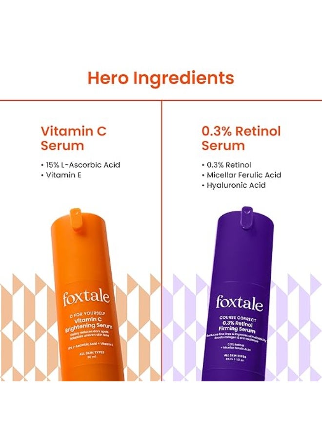 فوكستيل مجموعة فوكستيل للتفتيح والإصلاح | سيروم فيتامين سي نهاري + سيروم ريتينول ليلي | يُفتّح البشرة الباهتة، ويُخفّف البقع الداكنة، ويُعزّز إنتاج الكولاجين، ويُقلّل من الخطوط الدقيقة | مناسب لجميع أنواع البشرة - Image 2